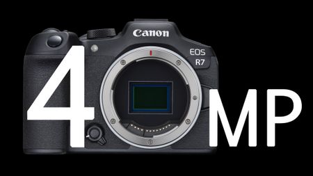 Canon EOS R7 against a black background with the text "40MP" superimposed on top