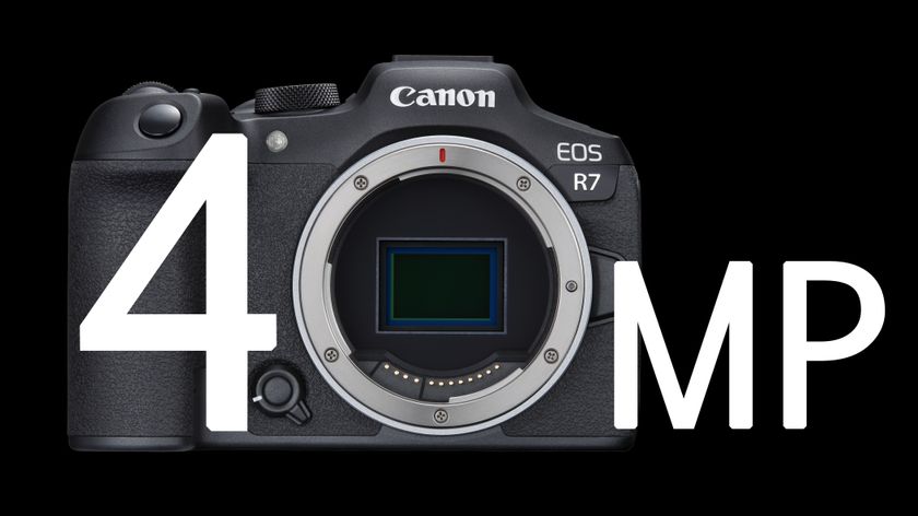 Canon EOS R7 against a black background with the text "40MP" superimposed on top