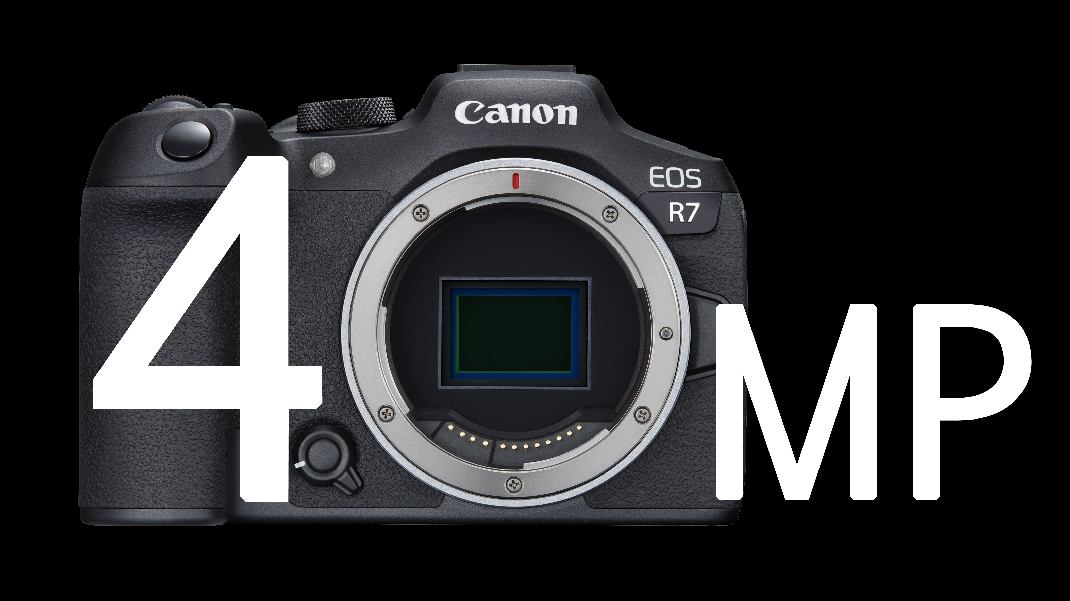 Canon EOS R7 against a black background with the text "40MP" superimposed on top