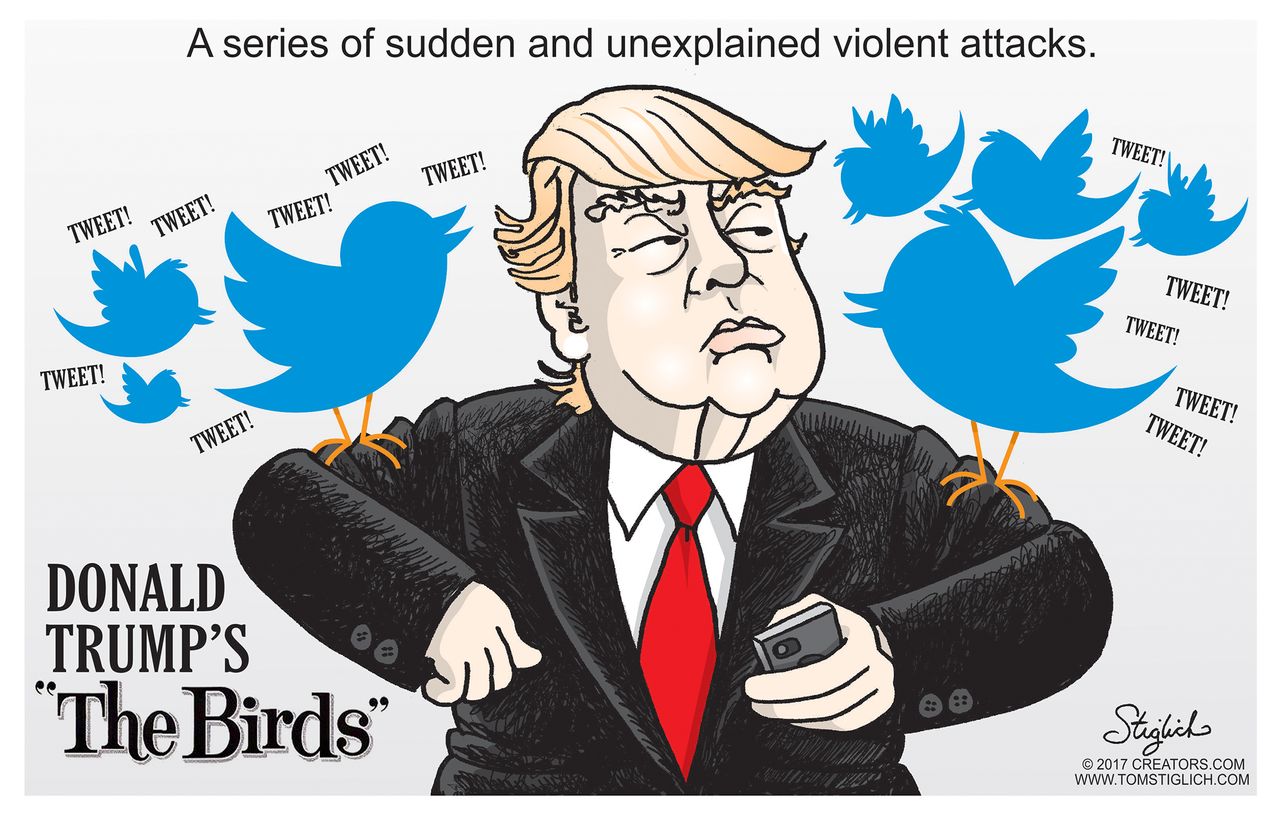 Political cartoon U.S Donald Trump Twitter tweets