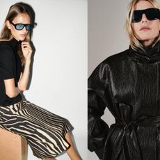 two side by side campaign images: one model wearing a zebra print skirt, another model wearing sunglasses and a black leather jacket