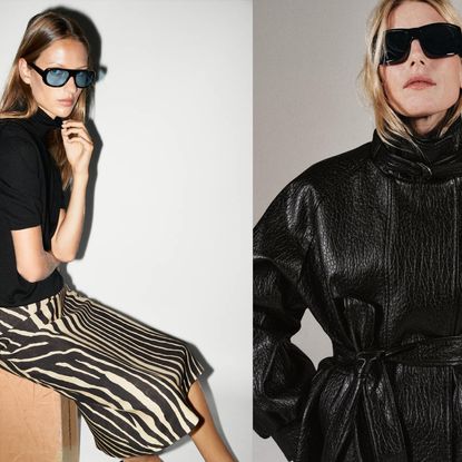 two side by side campaign images: one model wearing a zebra print skirt, another model wearing sunglasses and a black leather jacket