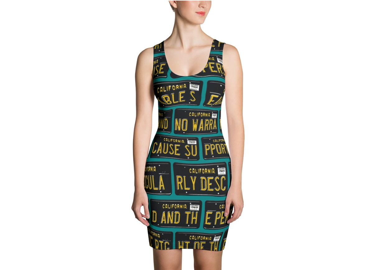 Dress with pattern of license plates.