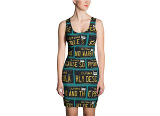 Dress with pattern of license plates.