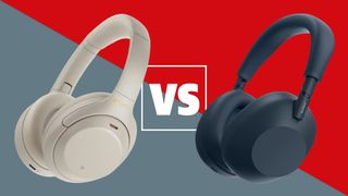 The Sony WH-1000XM6 and XM4 headphones on a grey and red background with a white versus sign between them.