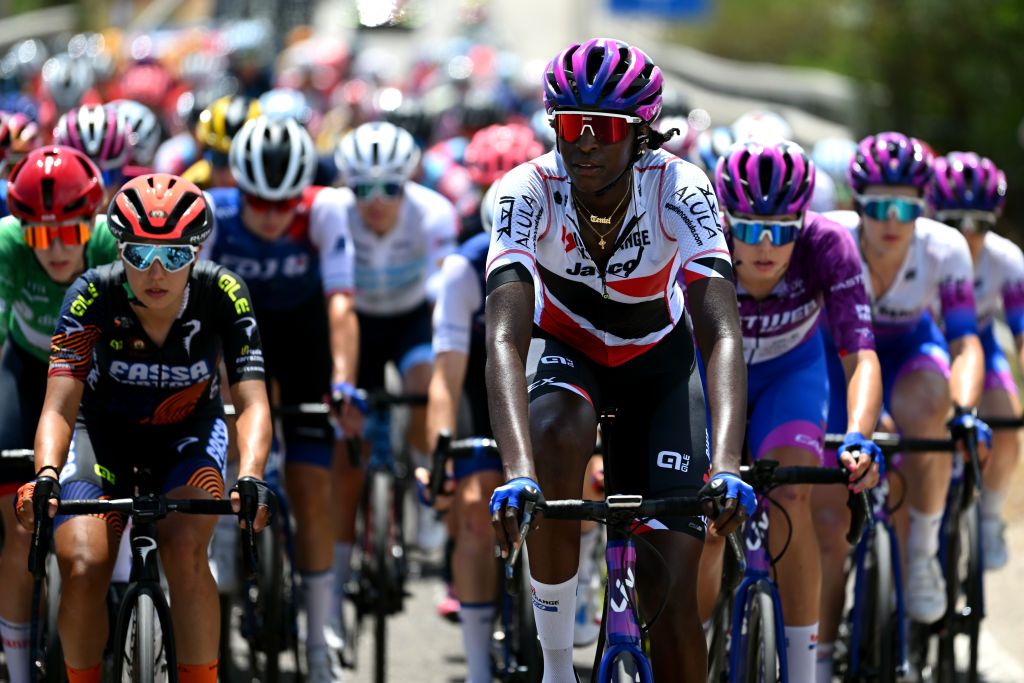 OLBIA ITALY JULY 02 Teniel Campbell of Trinidad And Tobago and Team BikeExchange Jayco competes during the 33rd Giro dItalia Donne 2022 Stage 3 a 1134km stage from Cala Gonone to Olbia GiroDonne UCIWWT on July 02 2022 in Olbia Italy Photo by Dario BelingheriGetty Images