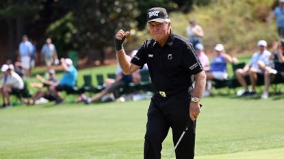 Gary Player of South Africa reacts to a putt during the Par 3 contest prior to the 2023 Masters Tournament at Augusta National Golf Club