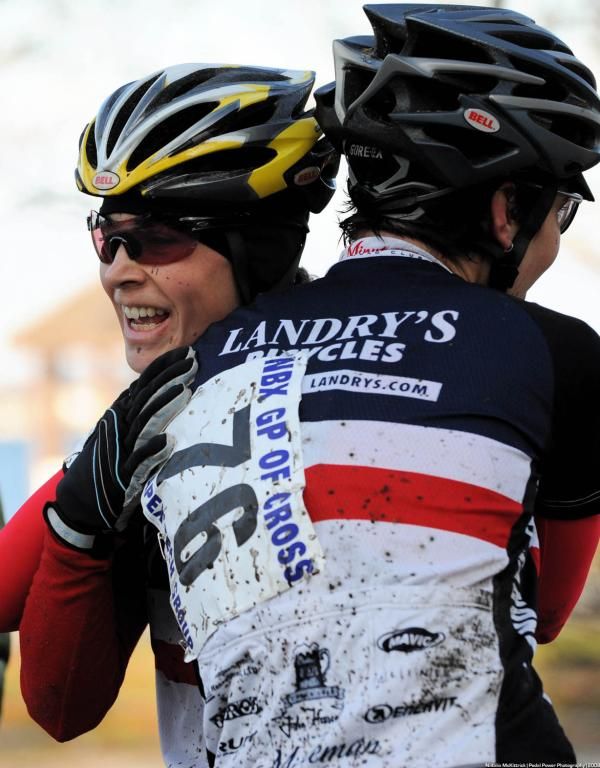 Teammates Andrea Smith (Minuteman Road Club), left, and Anna Barensfeld post-race.