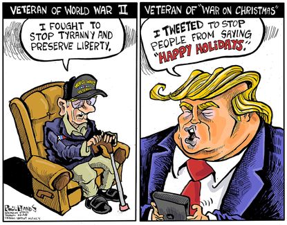 Political Cartoon U.S. Trump Veteran World War II Versus Christmas