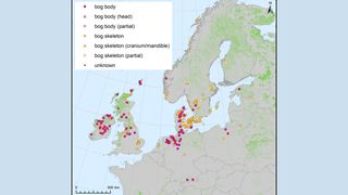 A map showing the distribution of human remains found in bogs across northern Europe.