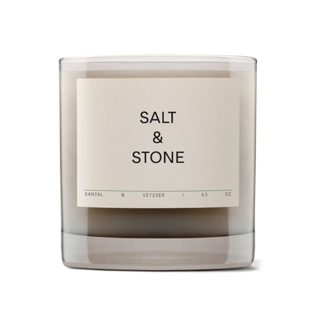Salt & Stone, Salt & Stone Scented Candle | Hand-Poured, Aromatic & Fragrant | Made With Natural Coconut & Soy Blend Wax | 100% Cotton Wick | Long-Lasting 50 Hour Burn Time (8.5 Oz) (santal & Vetiver)