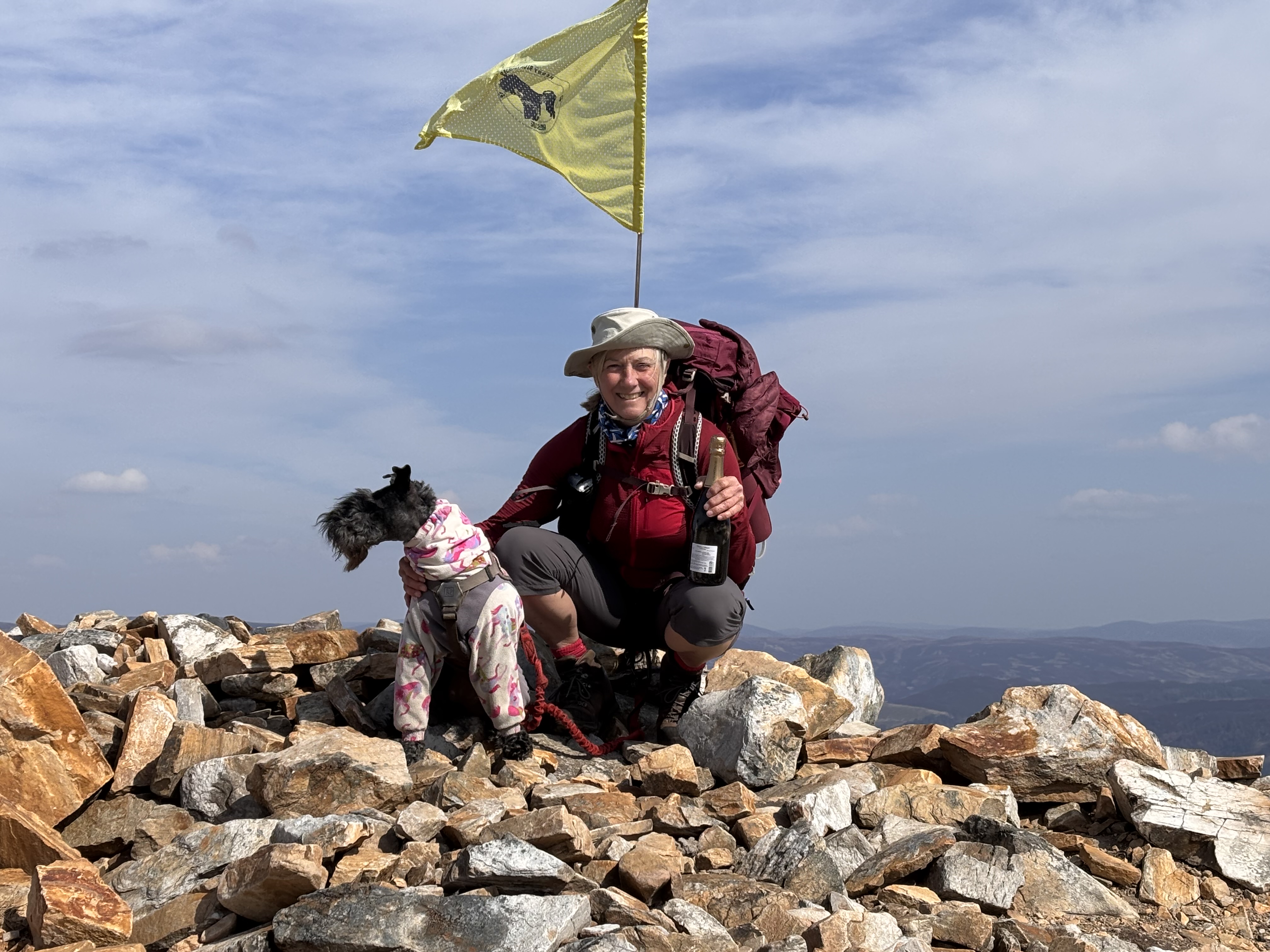 Dog and woman on top of a Scottish hill