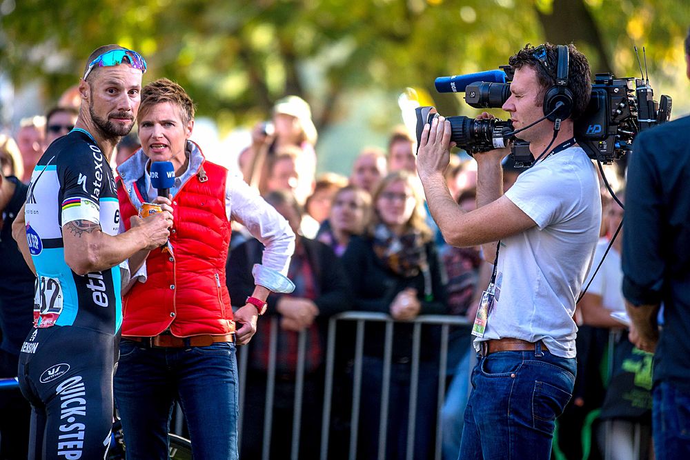 Post-race TV duties for Tom Boonen (Etixx-QuickStep)