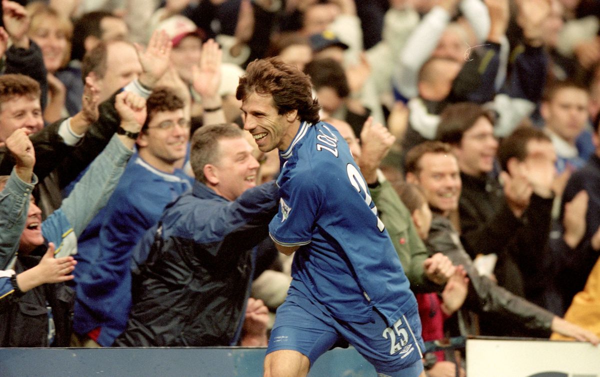 Gianfranco Zola celebrates with the Chelsea supporters