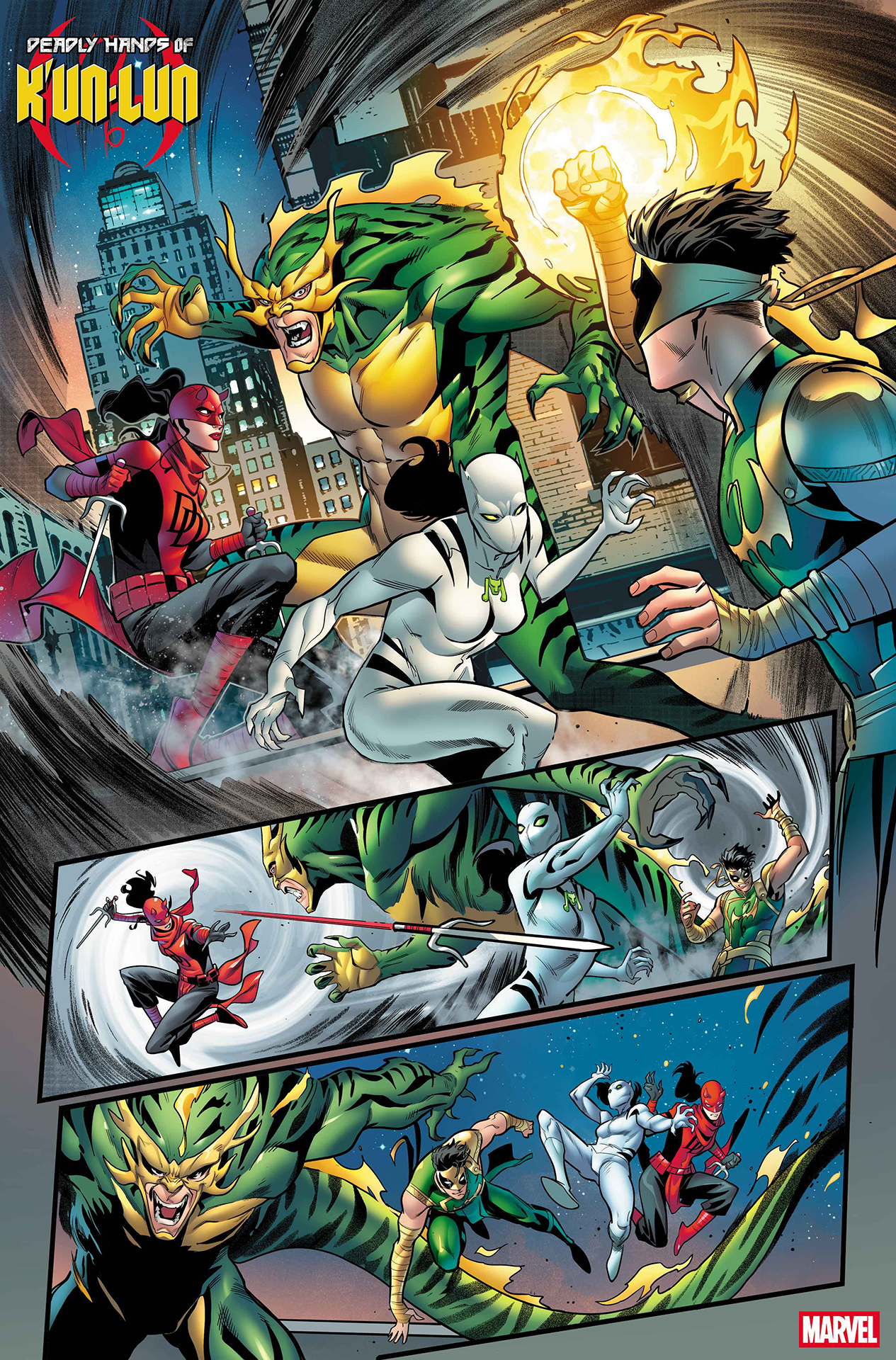 Elektra, White Tiger, and Lin Lie teaming up against a demonic villain