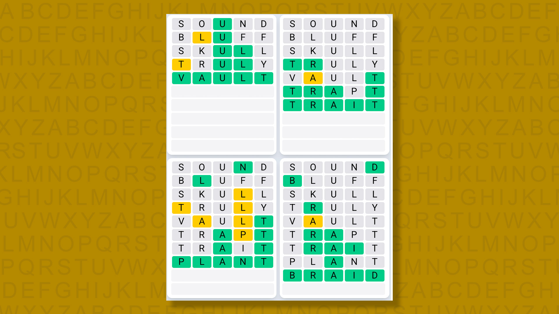 Quordle Daily Sequence answers for game 1359 on a yellow background