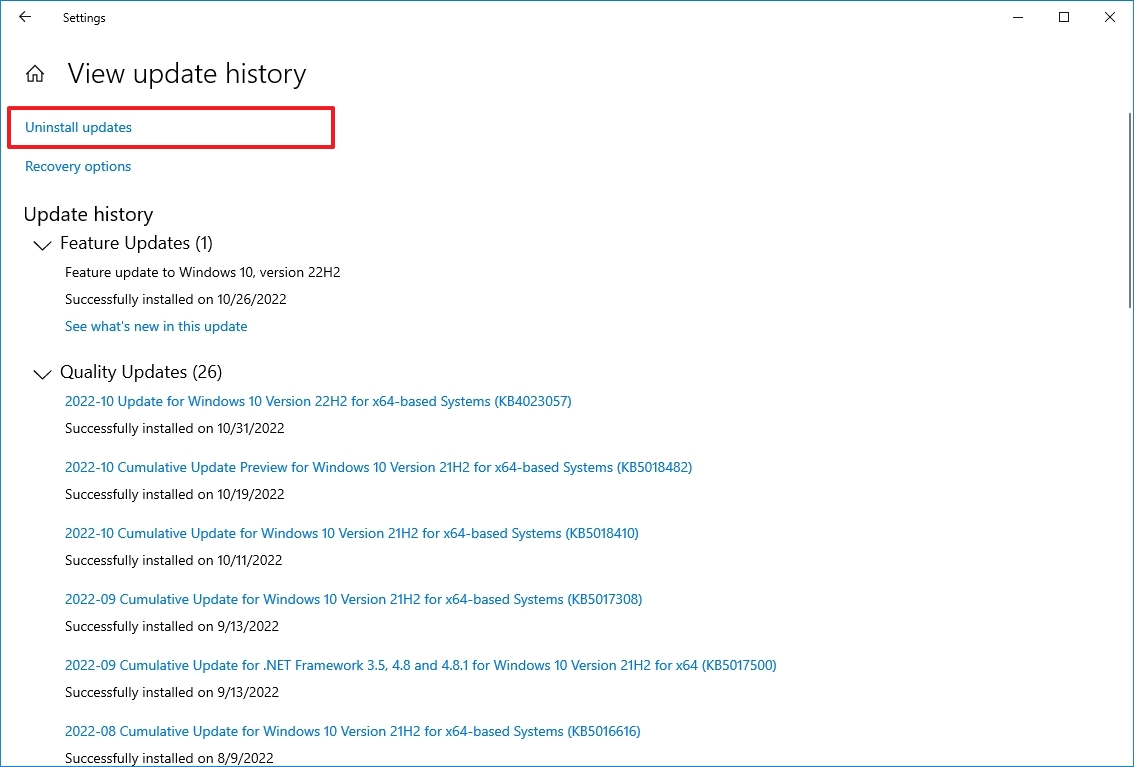 Windows 10 Settings uninstall updates option