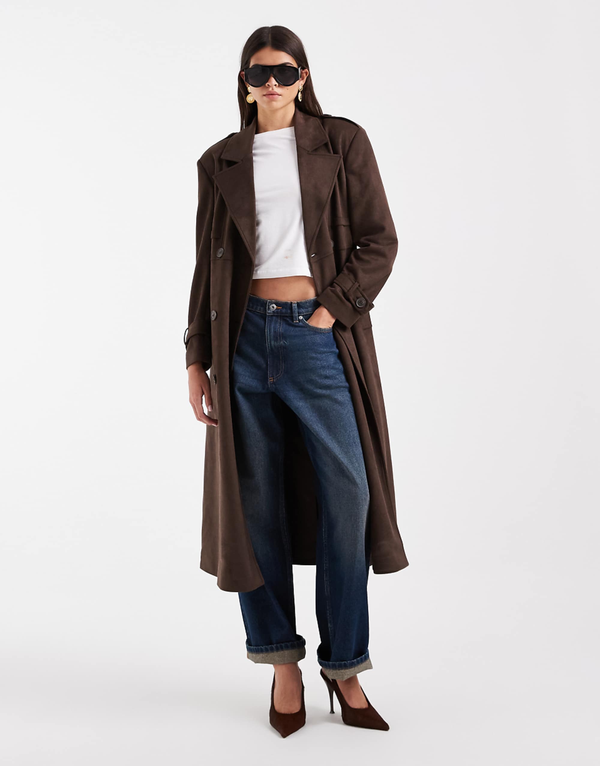 Only Faux Suede Trench Coat in Chocolate Brown