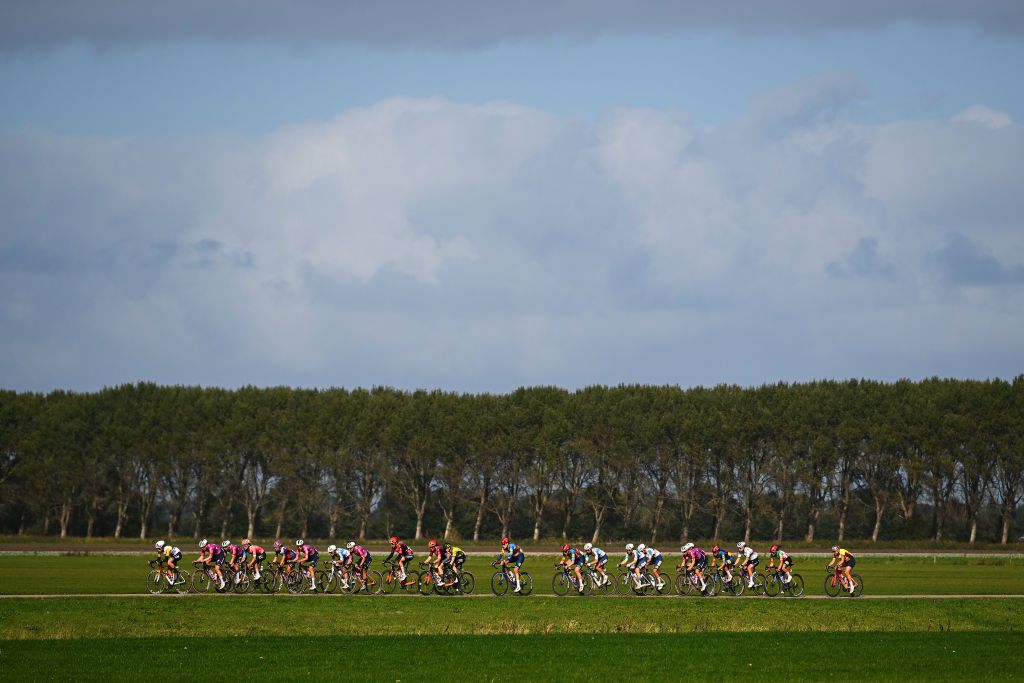 ZEEWOLDE NETHERLANDS OCTOBER 10 A general view of Lotte Kopecky of Belgium Lorena Wiebes of The Netherlands Femke Gerritse of The Netherlands Barbara Guarischi of Italy Christine Majerus of Luxembourg Femke Markus of The Netherlands Lonneke Uneken of The Netherlands and Team SD Worx Protime Zoe Backstedt of The United Kingdom and Team CanyonSRAM Racing Yellow leader jersey Audrey CordonRagot of France and Team Human Powered Health Elisa Longo Borghini of Italy Elynor Backstedt of The United Kingdom Elisa Balsamo of Italy Ellen Van Dijk of The Netherlands and Team Lidl Trek Ruby RosemanGannon of Australia Silke Smulders of The Netherlands and Team Liv AlUla Jayco Charlotte Kool of The Netherlands Rachele Barbieri of Italy Megan Jastrab of The United States Franziska Koch of Germany and Team dsmfirmenich PostNL Nienke Veenhoven of The Netherlands and Team Visma Lease a Bike and Karlijn Swinkels of The Netherlands and UAE Team ADQ compete in the breakaway during the 26th Simac Ladies Tour 2024 Stage 3 a 1484km stage from Zeewolde to Zeewolde UCIWWT on October 10 2024 in Zeewolde Netherlands Photo by Luc ClaessenGetty Images