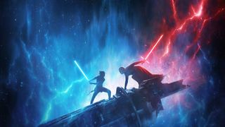 Rey slåss mot Ren med deras ikoniska röda och blå ljussabrar.