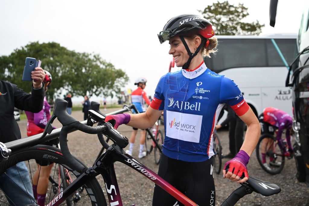 SOUTHEND ENGLAND OCTOBER 07 Demi Vollering of Netherlands and Team SD Worx Blue leaders jersey prior to the 7th The Womens Tour 2021 Stage 4 a 1178km stage from Shoeburyness to SouthendonSea thewomenstour UCIWWT on October 07 2021 in Southend England Photo by Justin SetterfieldGetty Images