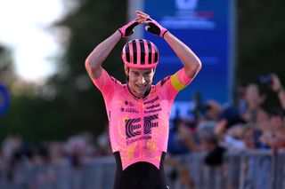 BORGOMANERO ITALY OCTOBER 10 Neilson Powless of The United States and Team EF Education EasyPost celebrates at finish line as race winner during the 108th Gran Piemonte 2024 a 182km one day race from Valdengo to Borgomanero on October 10 2024 in Borgomanero Italy Photo by Tim de WaeleGetty Images