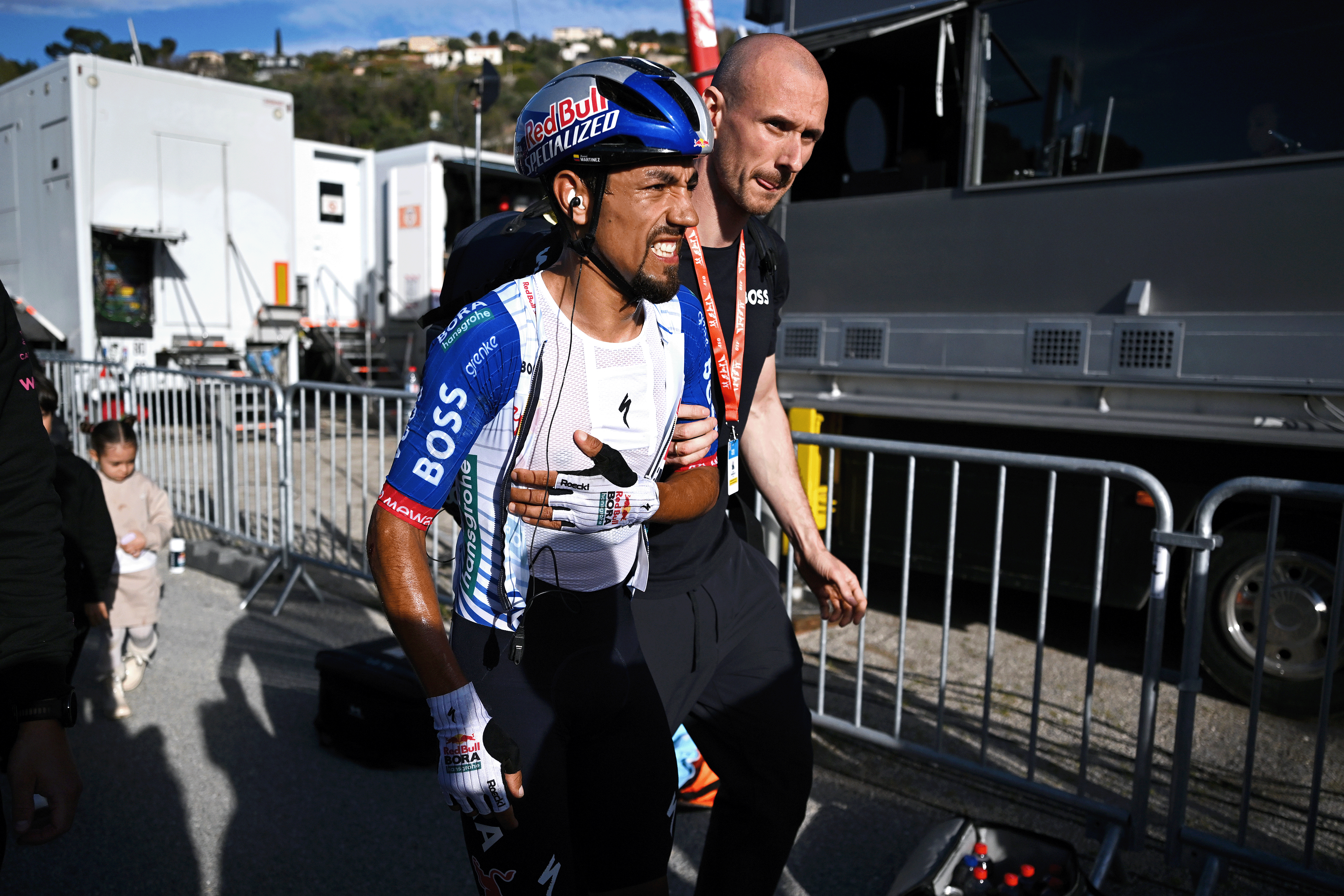 NICE, FRANCE - MARCH 15: Daniel Felipe Martinez of Colombia and Team Red Bull - BORA - hansgrohe reacts after the 84th Paris-Nice 2026, Stage 8 a 129.2km stage from Nice to Nice / #UCIWT / on March 15, 2026 in Nice, France. (Photo by Szymon Gruchalski/Getty Images)