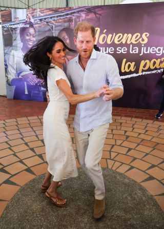 Meghan, Duchess of Sussex and Prince Harry, Duke of Sussex seen at the Unidad Recreativa El Vallado on August 18, 2024 in Cali, Colombia.