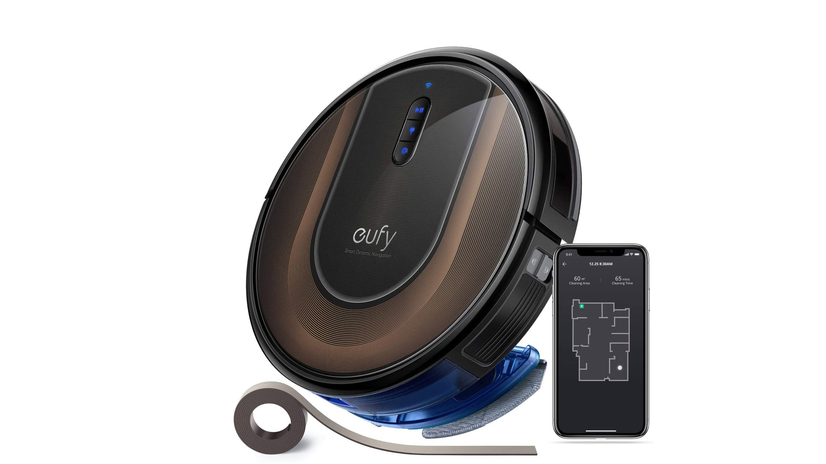 Eufy EcoVac G30 Hybrid med en smartphone og en afgrænsningsstrimmel
