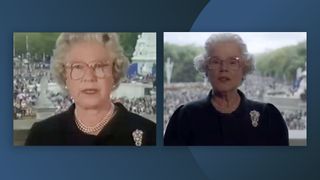 A shot of Queen Elizabeth giving a speech next to a screenshot of a recreation from The Crown, which looks much darker