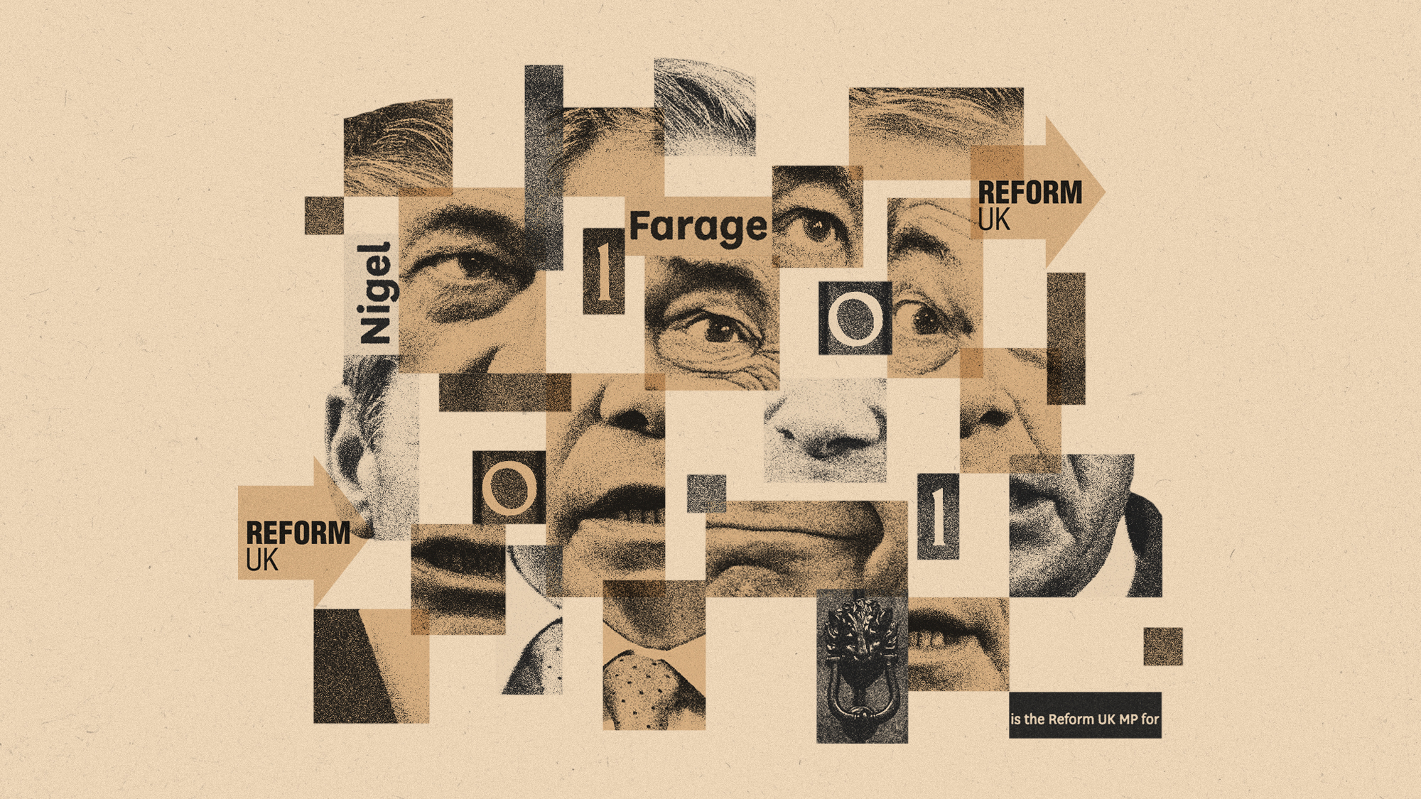 Photo composite illustration of Nigel Farage and the 10 Downing Street door