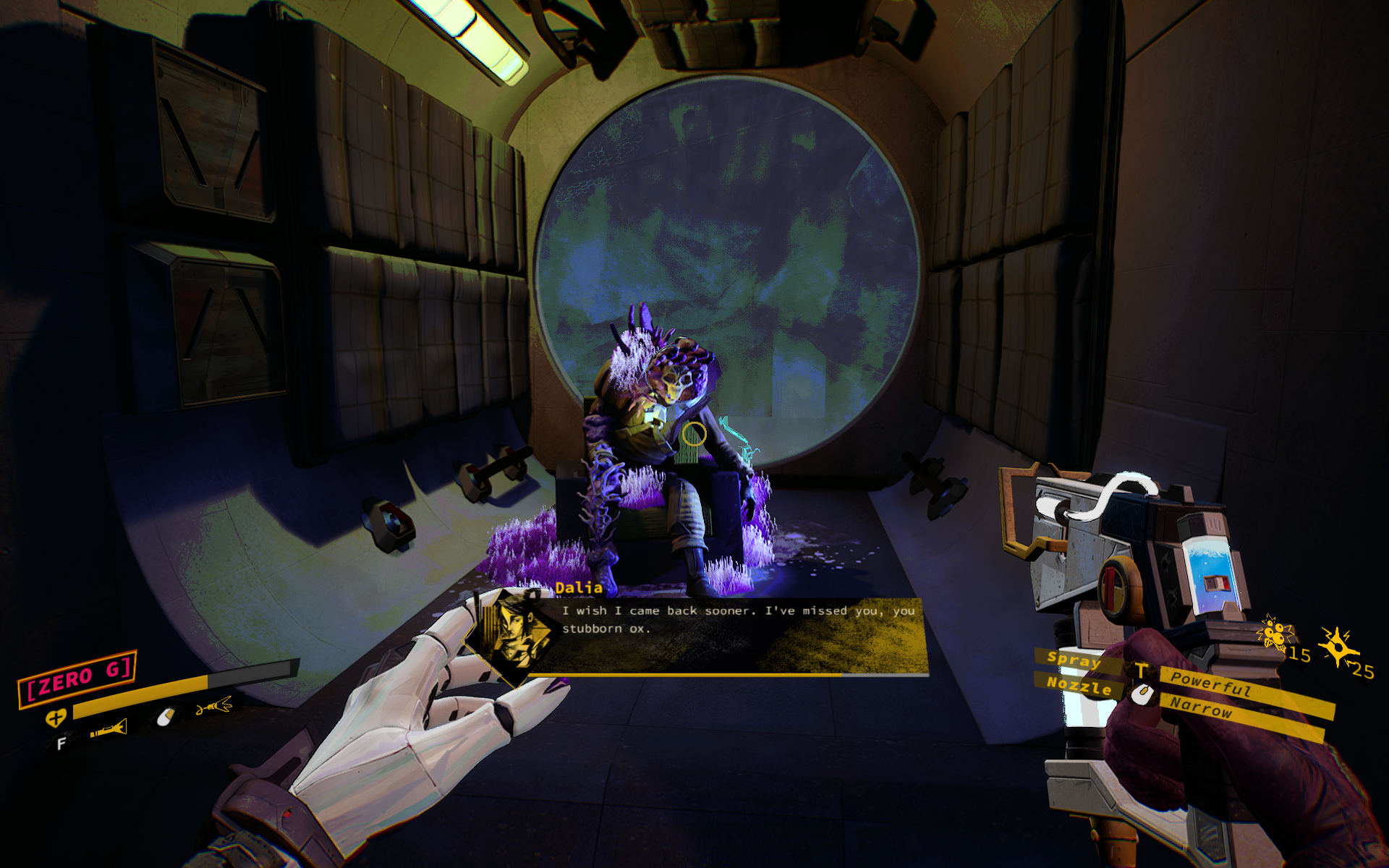 Protagonist Dalia stands before a skeletal NPC