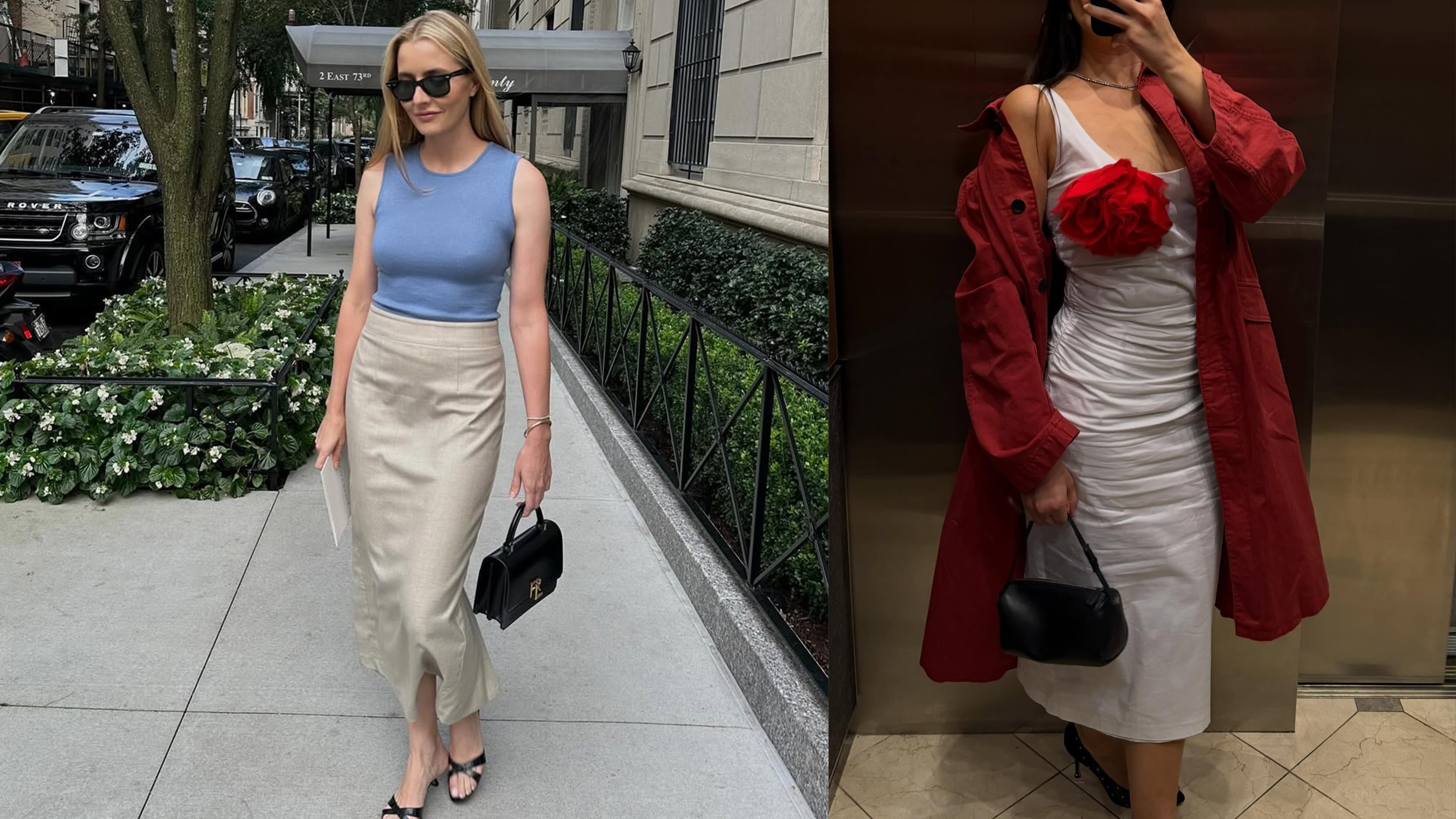 @themillennialdecorator wearing a red trench coat and white dress with a flower brooch and @kristenmarienichols wearing a blue shirt and tan pencil skirt on the Upper East Side.