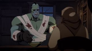 A patched up Eric Frankenstein speaking to an old woman in Creature Commandos episode 7