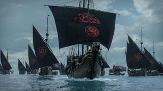 A fleet of ships flying Tagaryen banners as seen in "Game of Thrones" season 8 episode 4