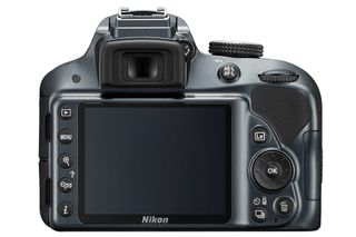 The button configuration on the D3300 (pictured) is the same as that on the D3400. Here, the body is shown in its gun-metal finish.