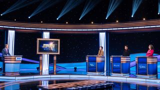 Ken Jennings, Mattea Roach, Matt Amodio and Victoria Groce on the Jeopardy Masters stage