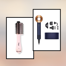 product collage of Dyson Supersonic Hair Dryer, L'Ange Le Volume Elevé 2-in-1 Titanium Brush Dryer in Blush, PATTERN by Tracee Ellis Ross Blow Dryer with Four Attachments for Curly & Coily Hair in white boxes with black borders overlaid a peach, grey, beige gradient background