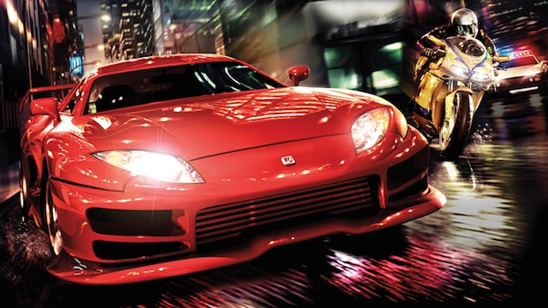 Midnight Club 2 cover art - red sportscar racing yellow crotch rocket
