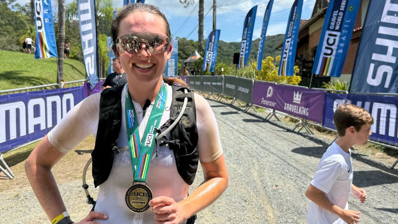 Madeleine Nutt after winning at the UCI Gravel World Series Brasil 2025