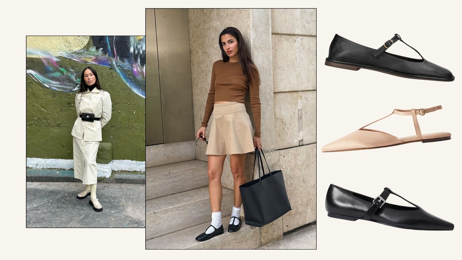 Influencer wears t-bar flat shoes.
