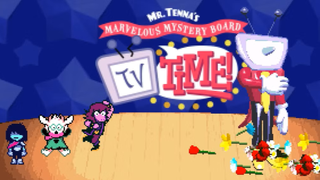 The stage of Mr Tenna's Marvelous Mystery Board TV Time, from videogame Deltarune. The host, whose head is a CRT TV, stands amid flowers thrown by adoring fans.
