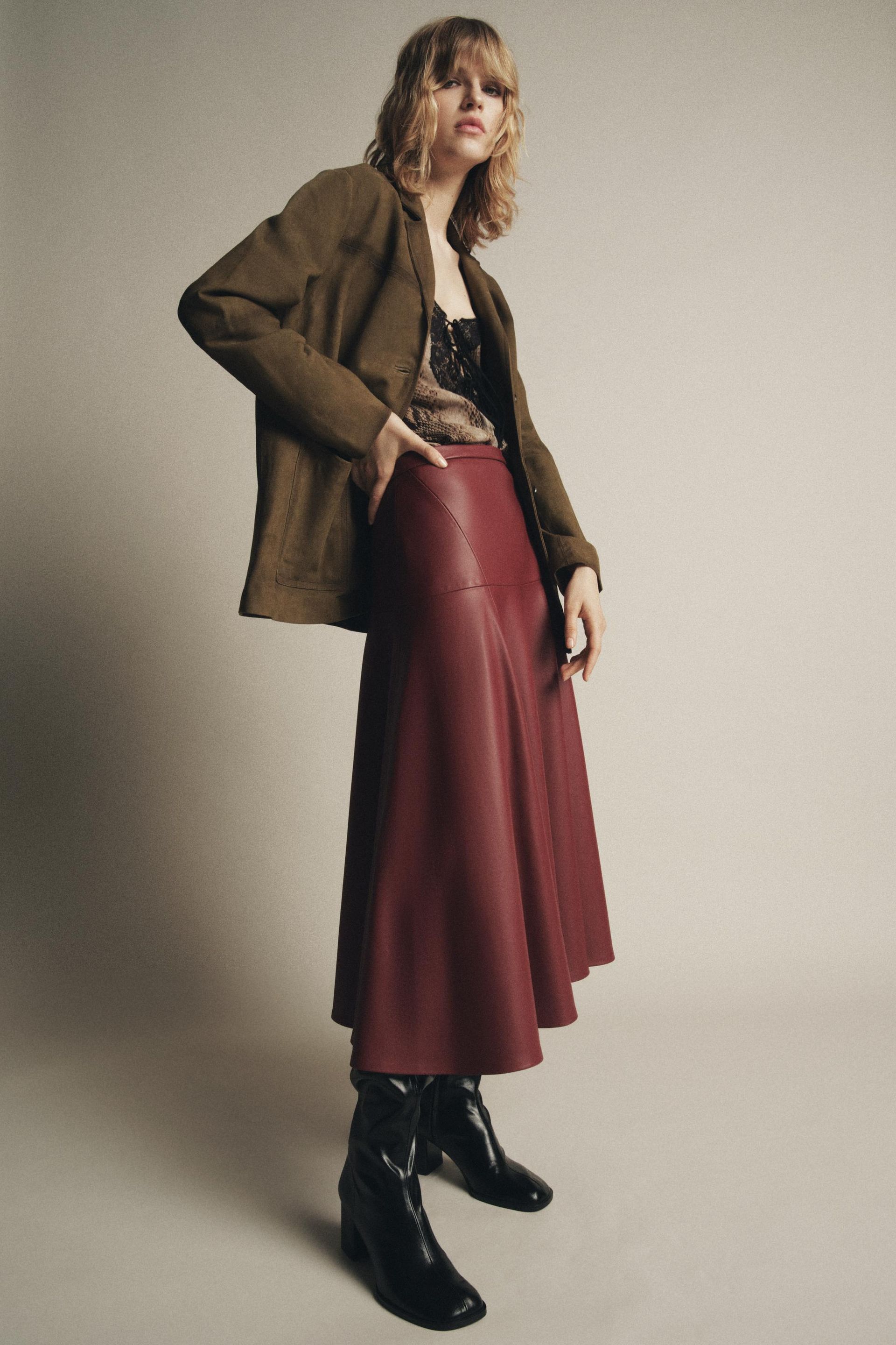 Zw Collection Leather Effect Midi Skirt