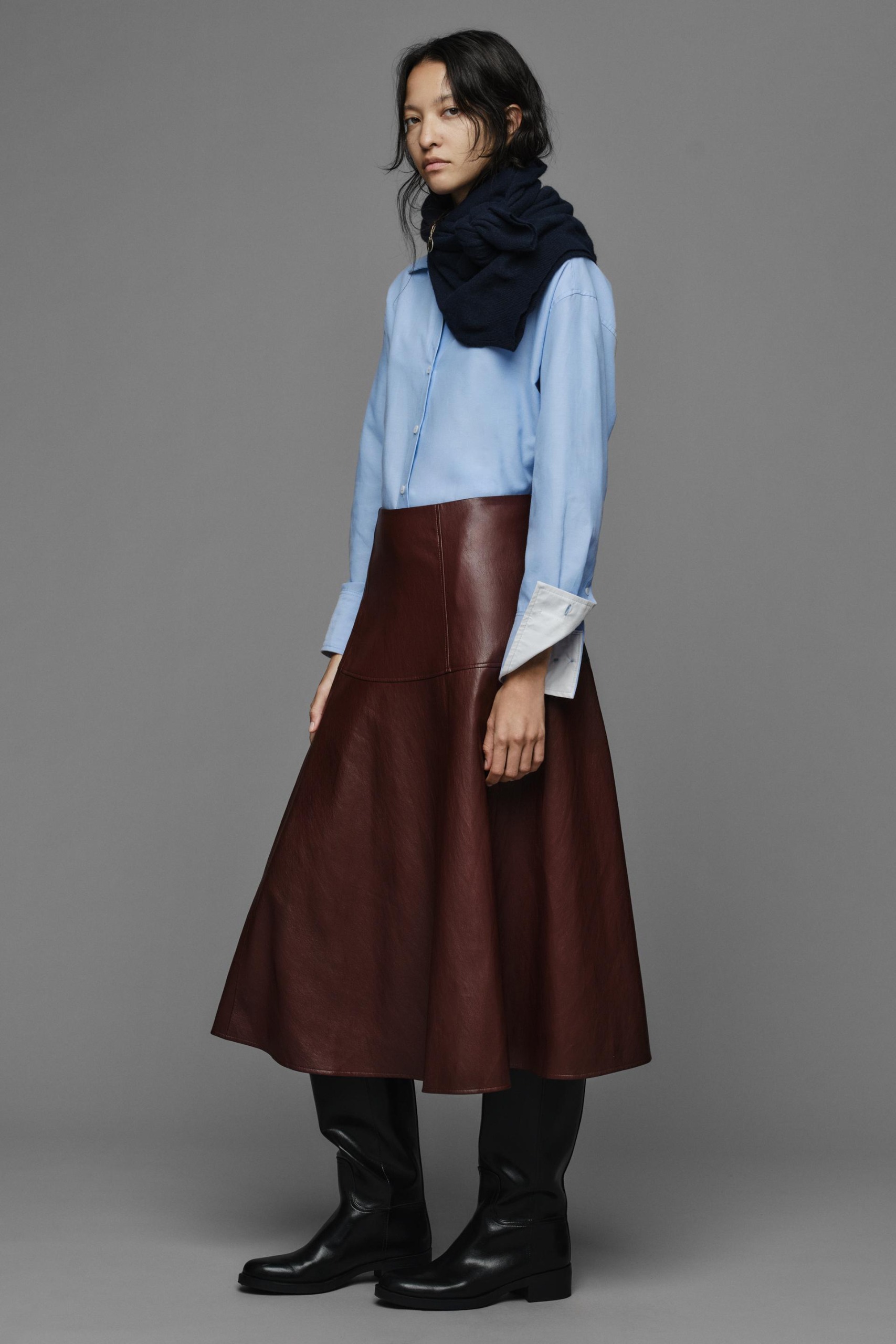 Leather-Effect Layered Midi Skirt - Burgundy - Xs