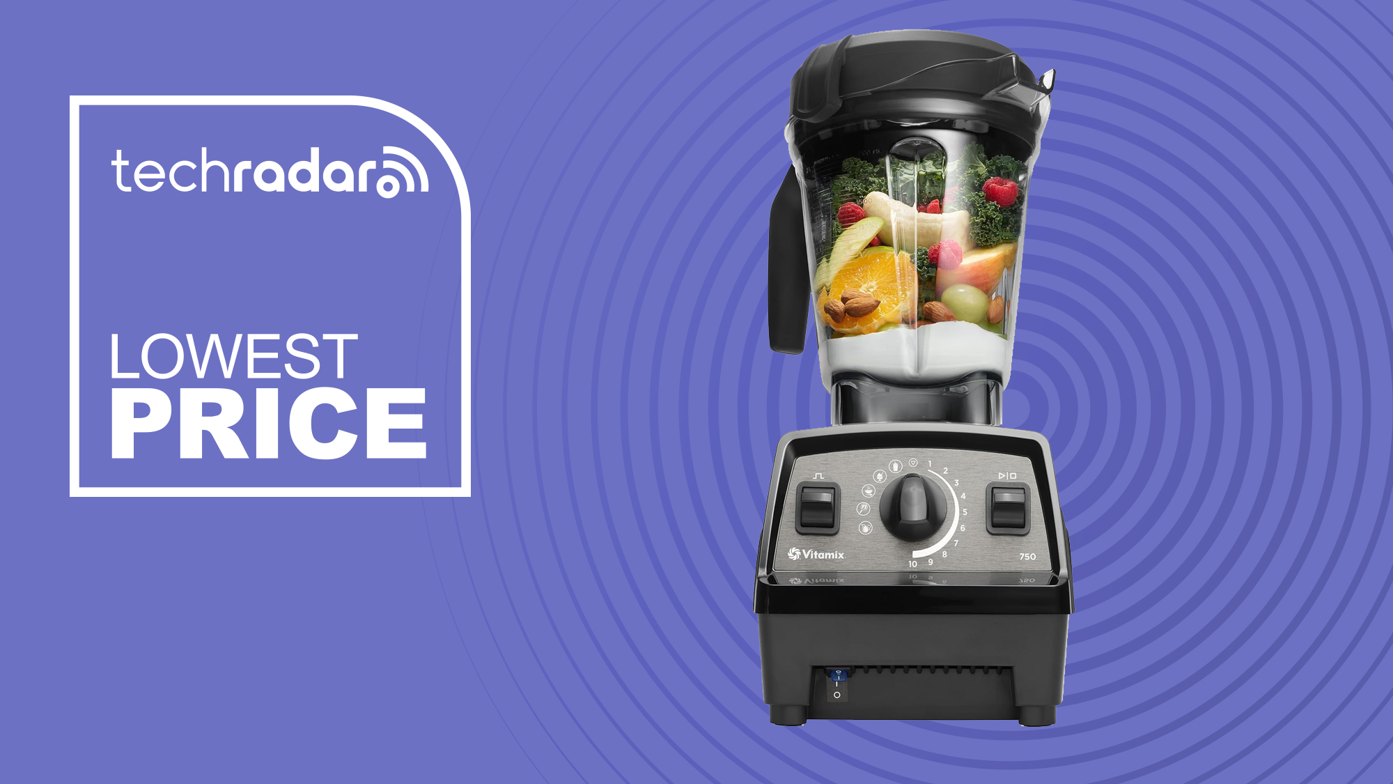Vitamix Propel 750 blender filled with fruits and vegetables whole, unblended, on a TechRadar purple Lowest Price banner