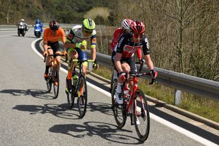 CALELLA SPAIN MARCH 22 Sylvain Moniquet of Belgium and Team Lotto Soudal Natnael Berhane Teweldemedhin of Eritrea and Team Cofidis Rein Taaramae of Estonia and Team Intermarch Wanty Gobert Matriaux Gotzon Martin Sanz of Spain and Team Euskaltel Euskadi during the 100th Volta Ciclista a Catalunya 2021 Stage 1 a 1784km stage from Calella to Calella Breakaway VoltaCatalunya100 on March 22 2021 in Calella Spain Photo by David RamosGetty Images
