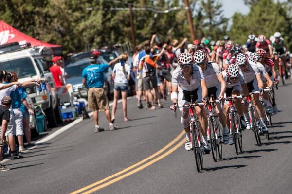 Competitive Cyclist leads through the feed zone.