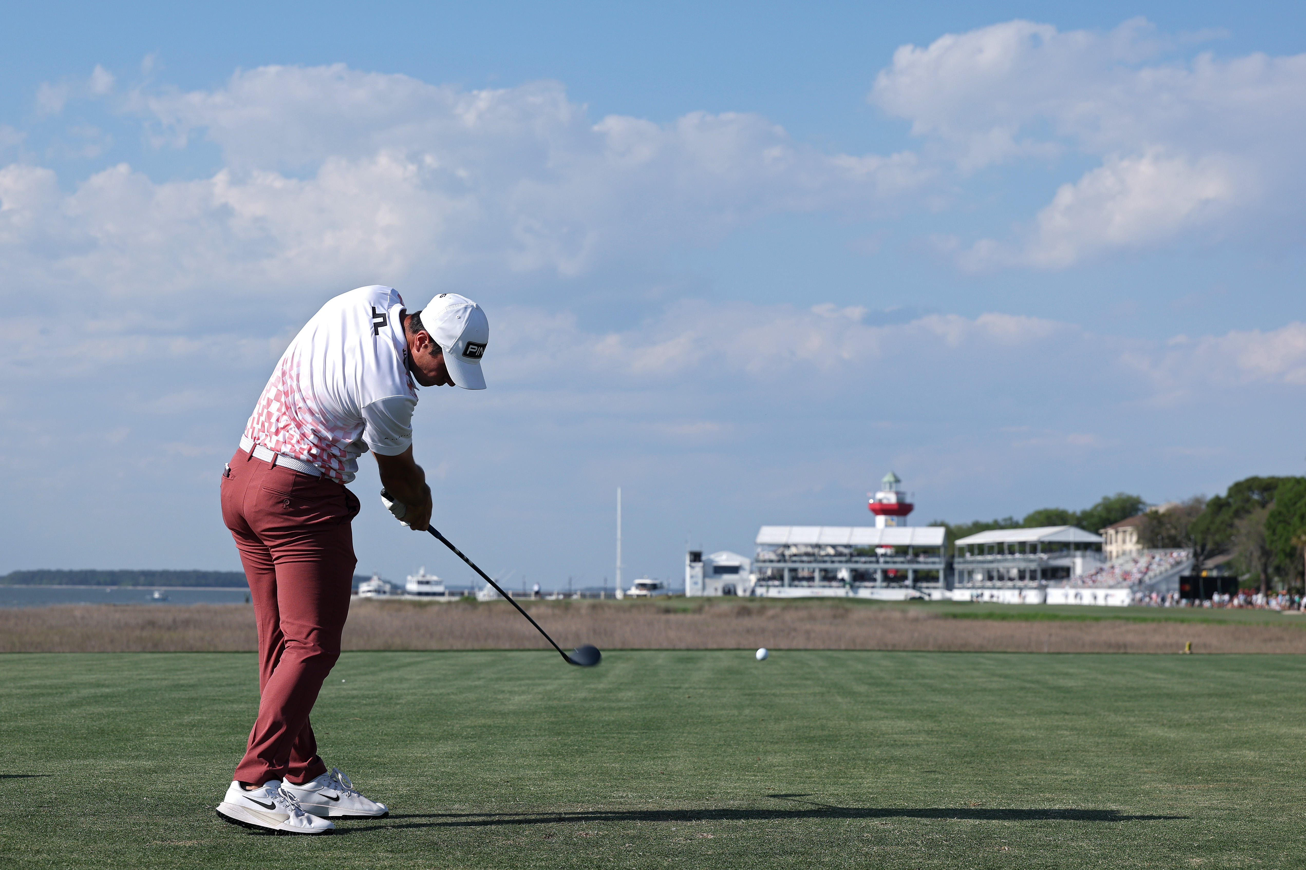 Viktor Hovland plays his shot from the 18th tee during the second round of the RBC Heritage 2026 at Harbour Town Golf Links