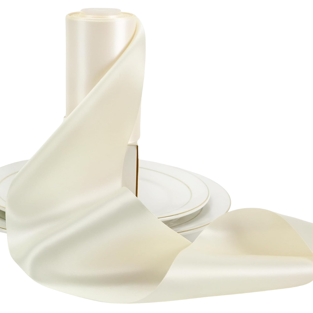 Huihuang 4 Inch Wide Satin Ribbon Ivory Solid Color Double-Faced Satin Ribbon Thick Ribbons for Wedding Chair Sash Wedding Decor Large Bows Making Flower Bouquet Sewing Crafts -10 Yards/roll