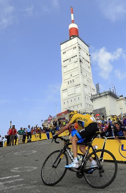 Chris Froome (Sky) approaches the summit of the Mont Ventoux